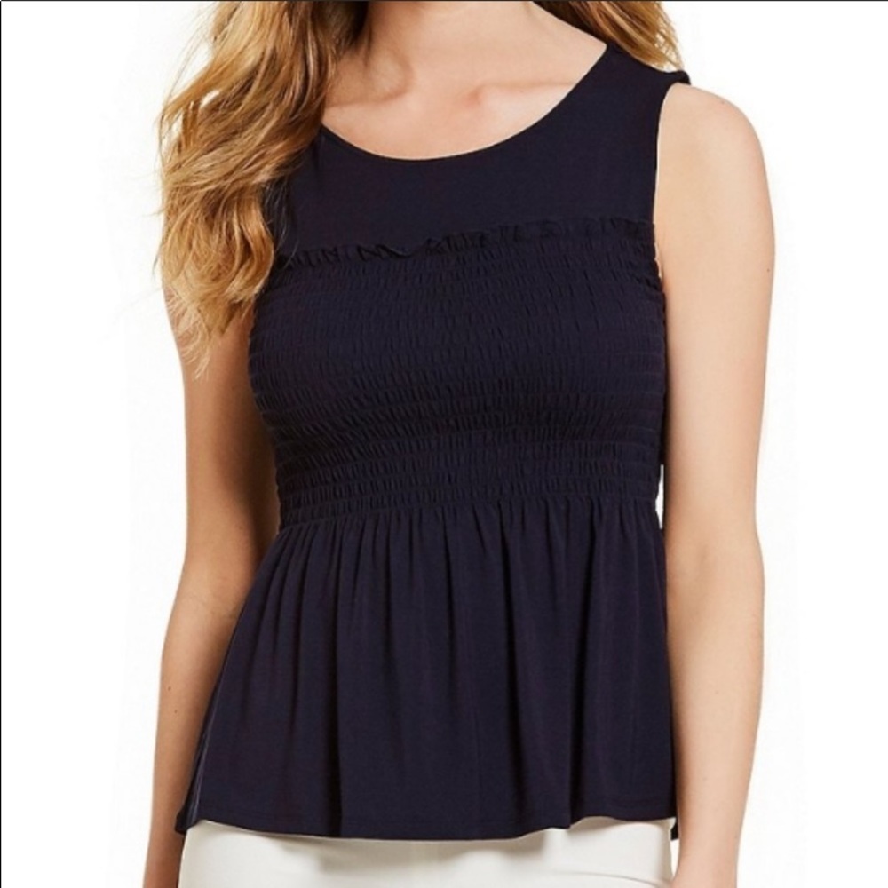 107. Gianni Bini Jemma Smocked Ruffle Top in Navy